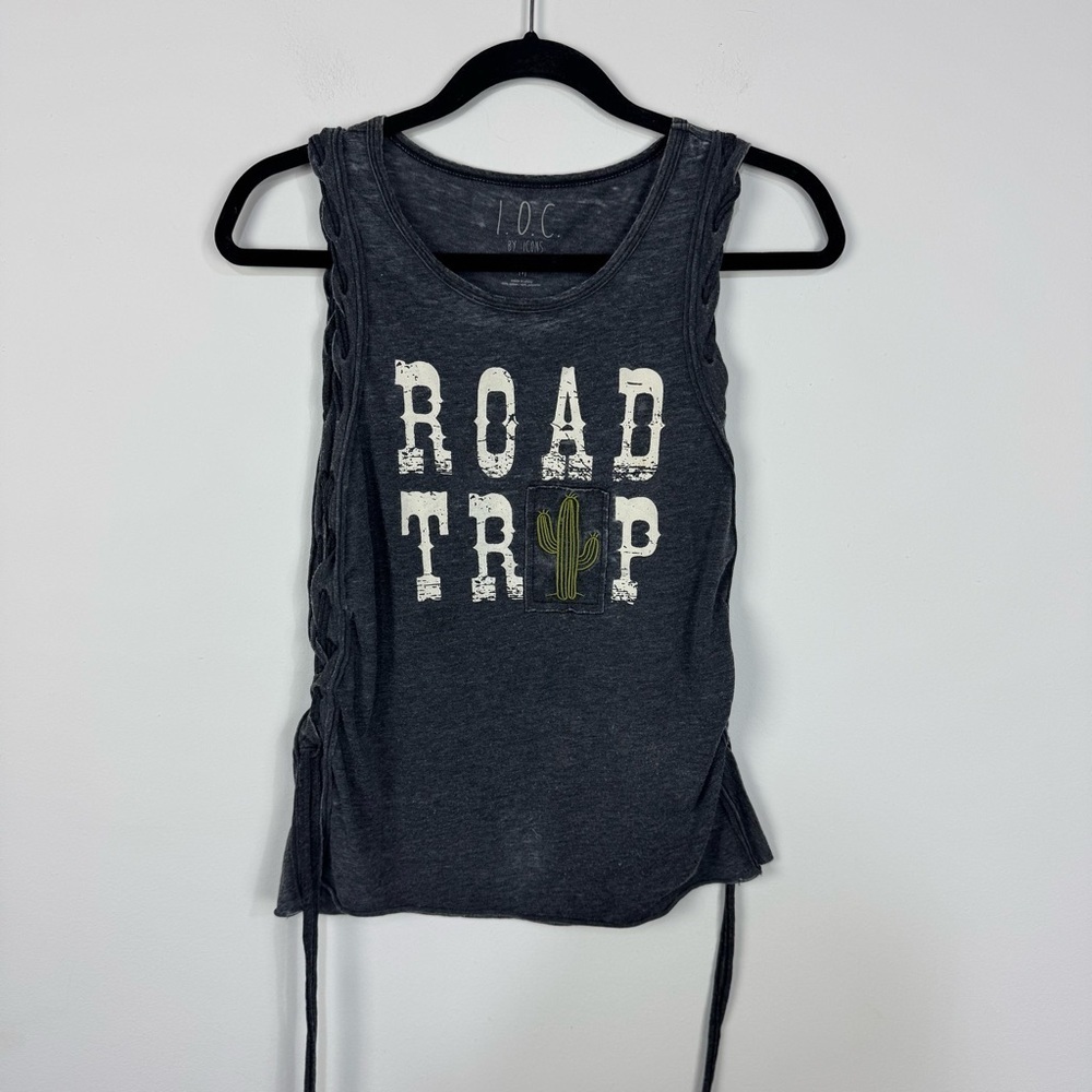 I.O.C Grey Road Trip Cactus Braided Side Tank Top Boho Causal